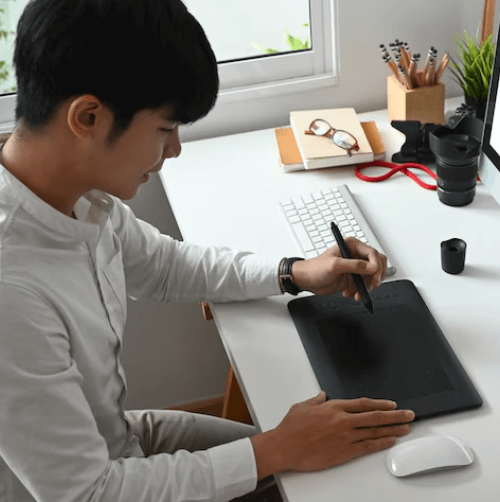 A translator working with a tablet, representing animation translation services for animation content in multimedia. A translator working with a tablet, representing animation translation services for animation content in multimedia.