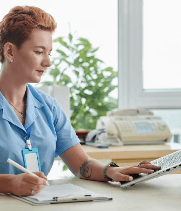 A physician records a medical evaluation on a phone, then Irving Transcription Services converts the audio into text.