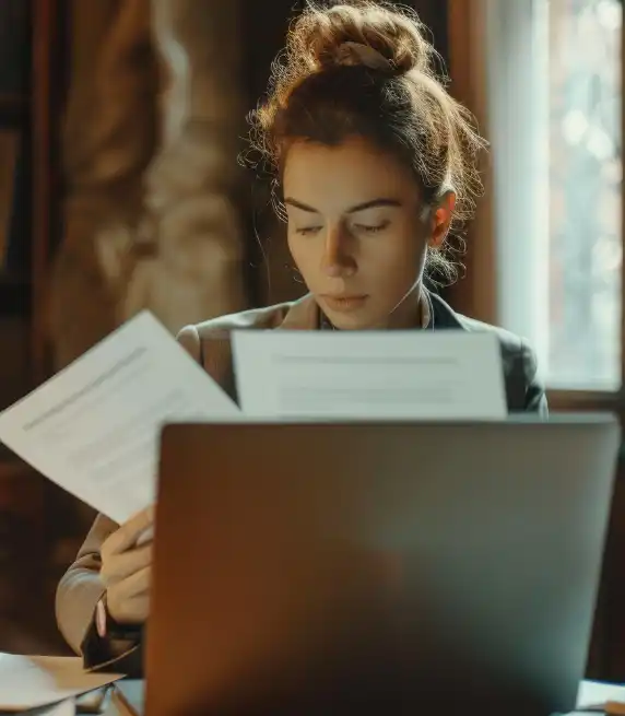 A staff member compiles investigative records into a searchable document report using Investigative Transcription Services.