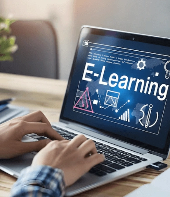 Laptop screen with e-learning icons, reflecting e-learning video translation services for online education content. Laptop screen with e-learning icons, reflecting e-learning video translation services for online education content.