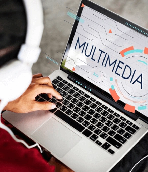 Multimedia icons on screen, representing communication for fast and efficient multimedia translation services. Multimedia icons on screen, representing communication for fast and efficient multimedia translation services.