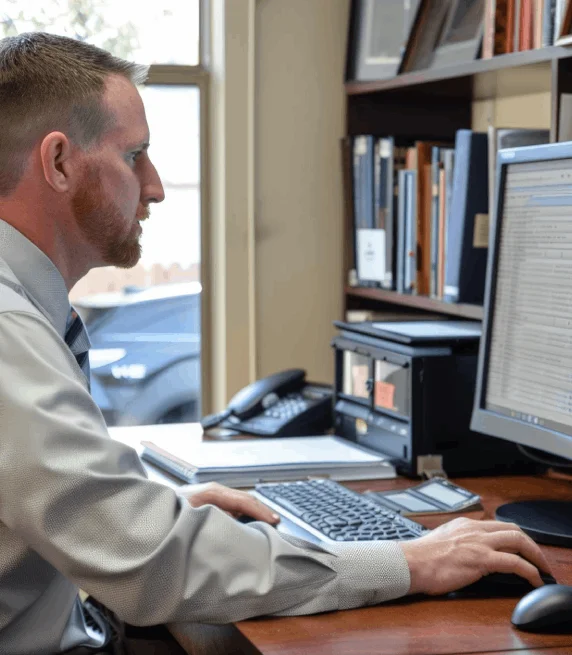 A detective reviews Irving Transcription Services law enforcement transcripts with speaker labels and timestamps for a case.