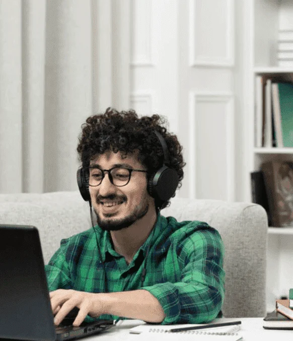 User enjoying captioned content in multiple languages, ensuring clarity on smart digital platforms like IoT-connected devices User enjoying captioned content in multiple languages, ensuring clarity on smart digital platforms like IoT-connected devices