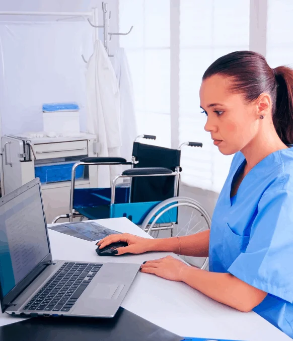 A nurse logs into a secure portal as Irving Transcription Services completes HIPAA medical transcription for sensitive.