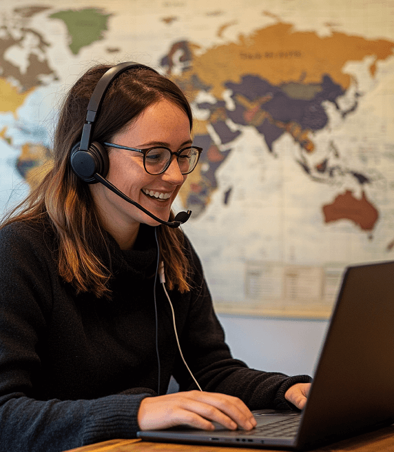 Transcriptionist working on laptop for multilingual Automated transcription services for global audience engagement.