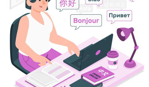 A graphic illustration of a transcriber surrounded by thought bubbles in multiple languages
