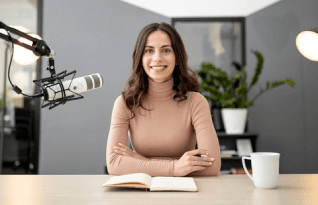 A woman ready to record with a microphone
