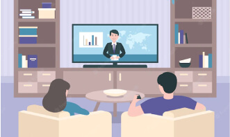 A couple sitting on a sofa and watching news on TV