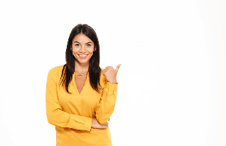 Smiling attractive woman pointing finger