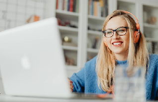 A woman transcribing a video file